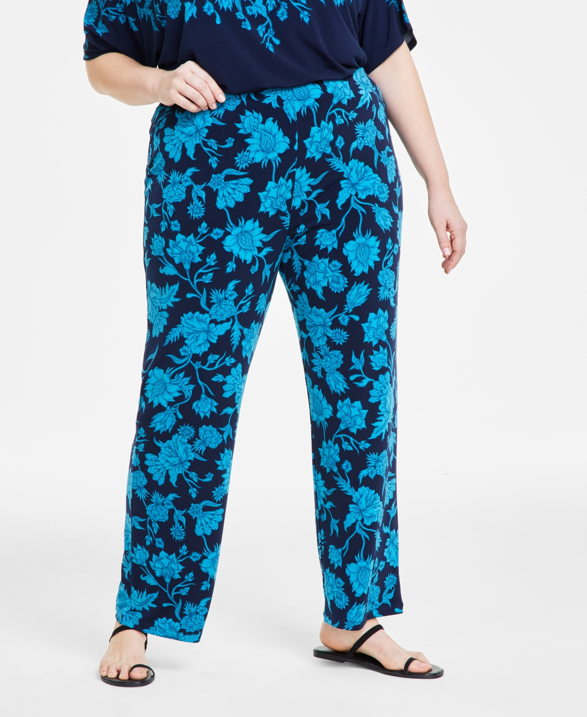 Plus Size Elena Printed Wide-Leg Pants, Created for Macy's - Intrepid Blue Combo