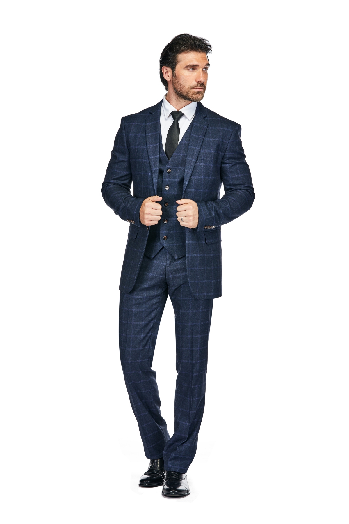 Men's 3-Piece Windowpane Plaid Slim Fit Suit - Navy