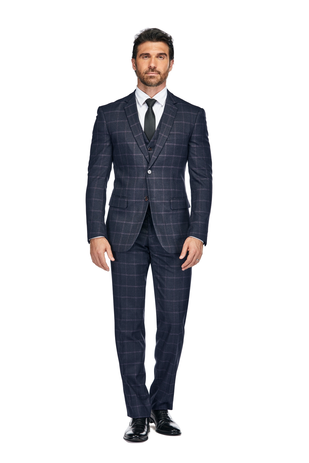 Men's 3-Piece Windowpane Plaid Slim Fit Suit - Navy