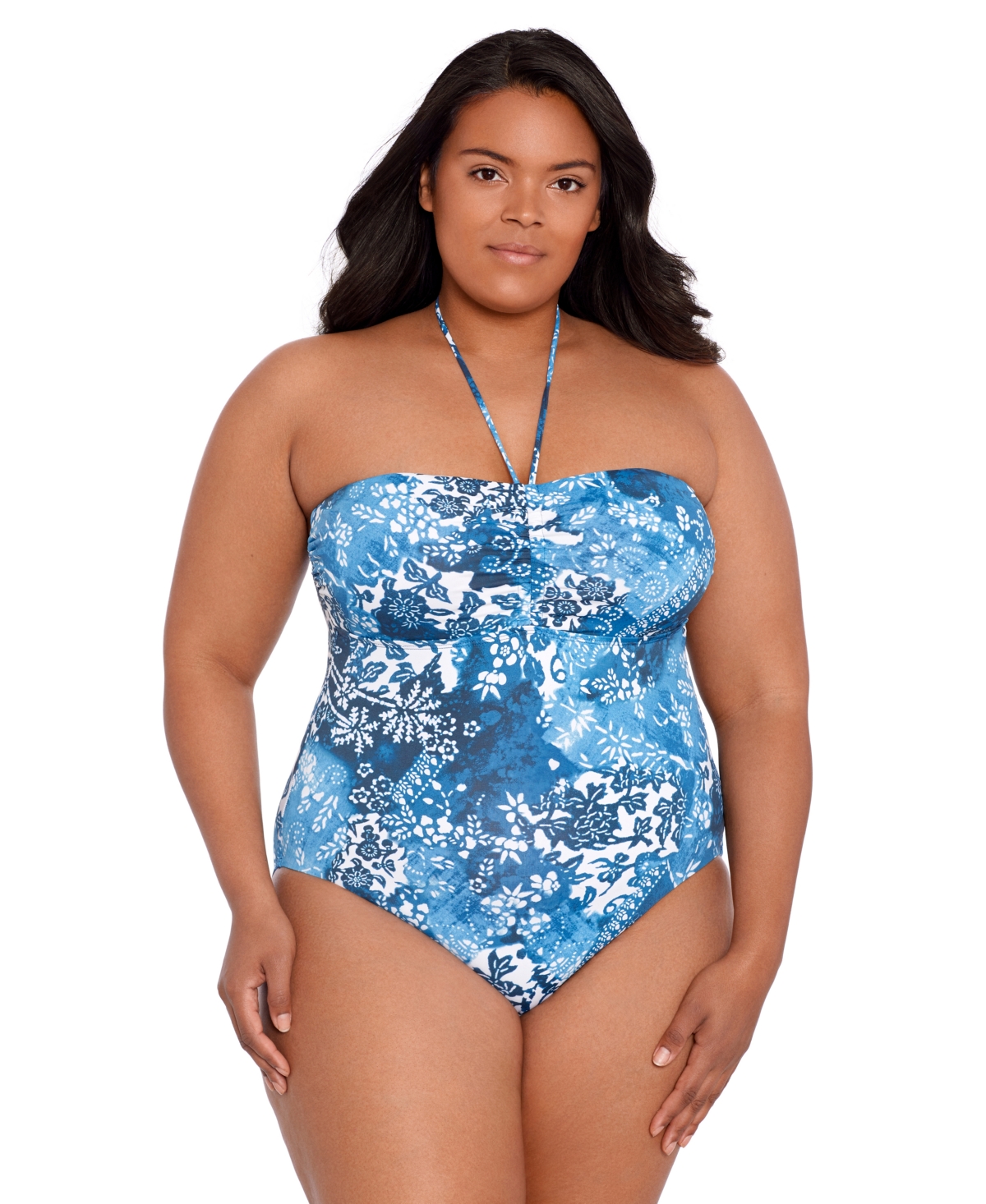 Lauren Ralph Lauren Plus Size Bandeau Halter One-piece Swimsuit In Indigo Patchwork