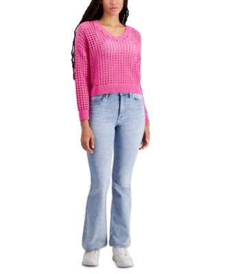 Womens Open Stitch V Neck Sweater High Rise Flare Jeans