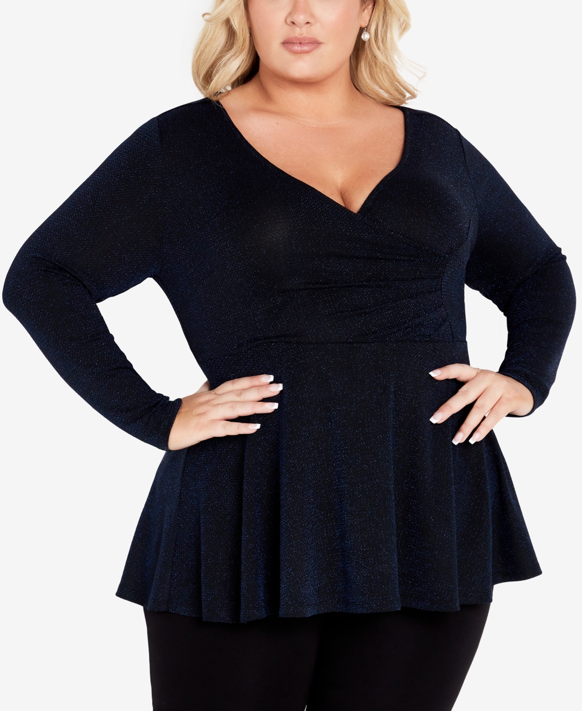 Avenue Plus Size Glam Peplum Faux Wrap Top In Midnight