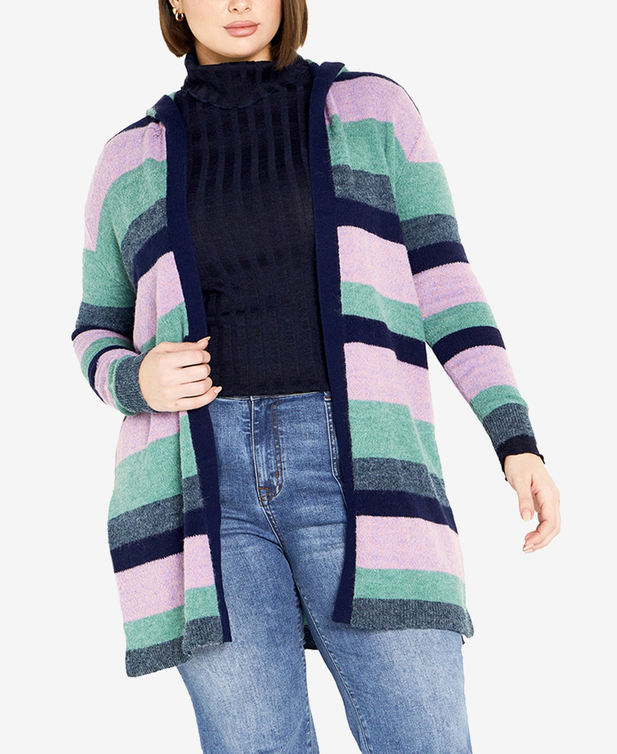 Avenue Plus Size Romy Hooded Cardigan Sweater In Jade Combo