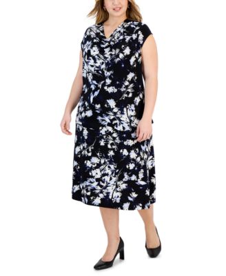 Kasper Plus Size Floral Print Cowl Neck Top Midi Skirt In Black,california Sky