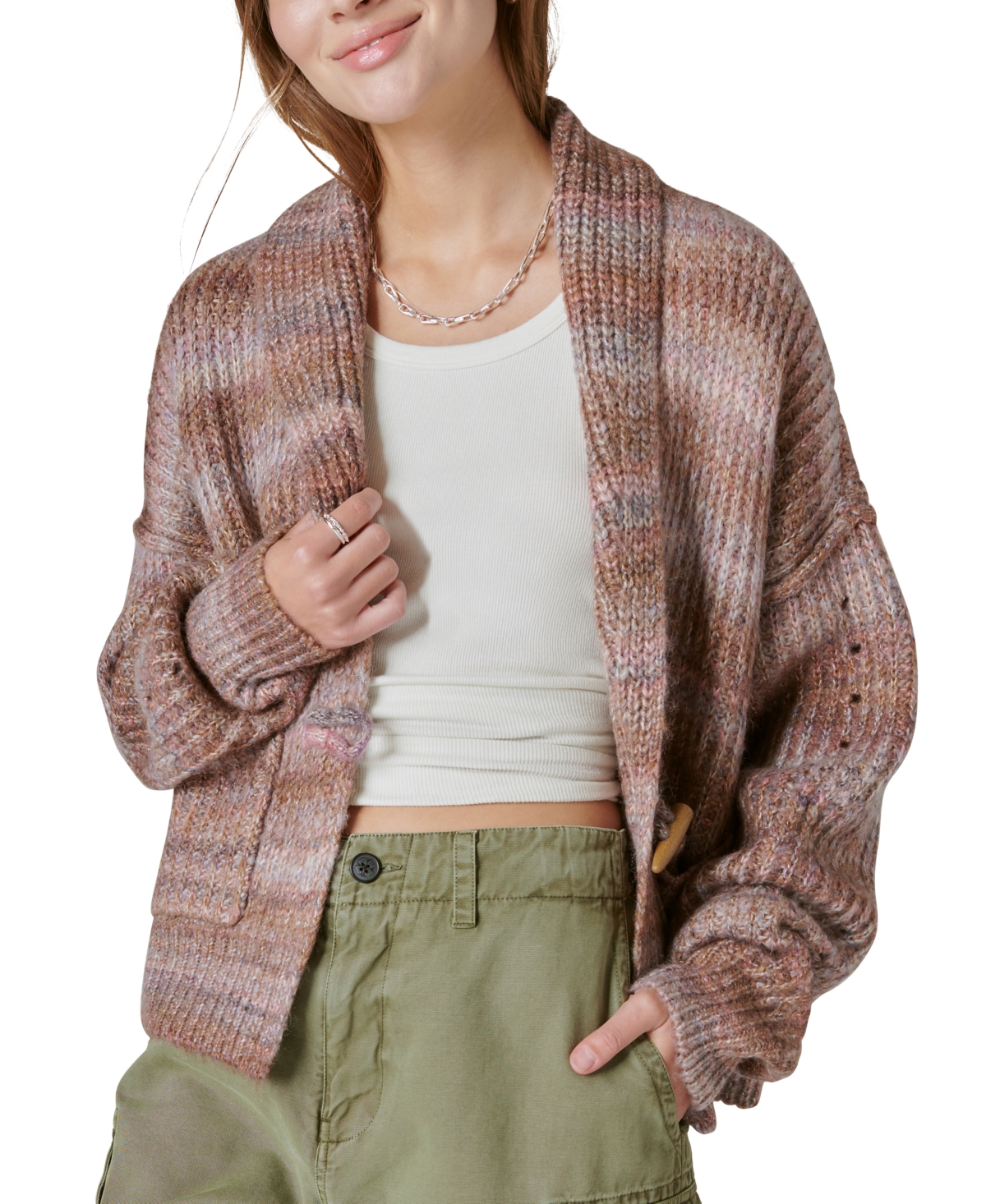 Women's Striped Toggle-Front Cardigan - Taupe Multi
