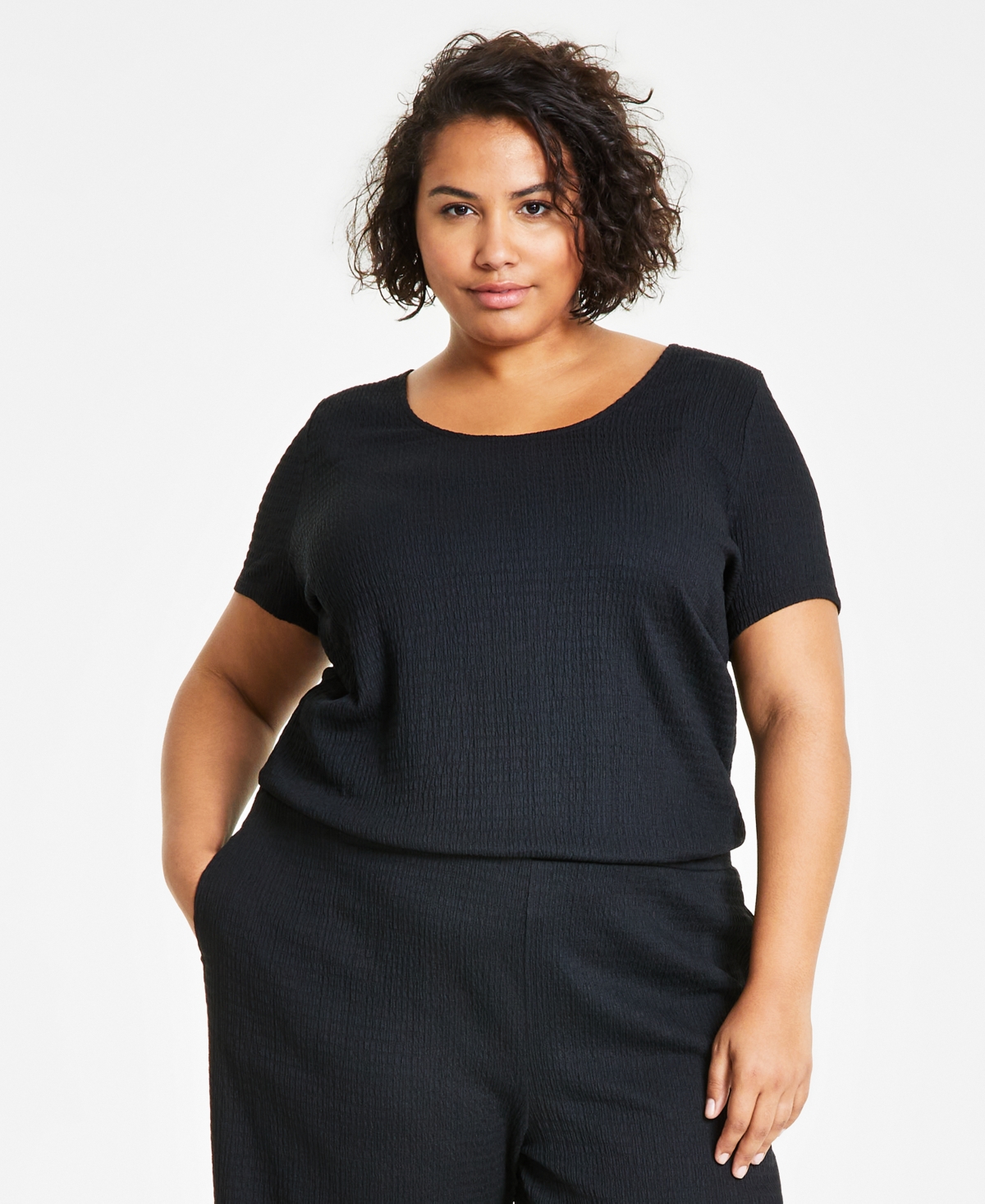 Trendy Plus Size Textured Short-Sleeve Top, Created for Macy's - Deep Black