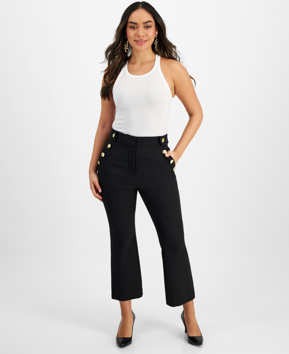 Shop Inc International Concepts Petite Button-front High-rise Cropped Sailor Pants, Created For Macy's In Deep Black