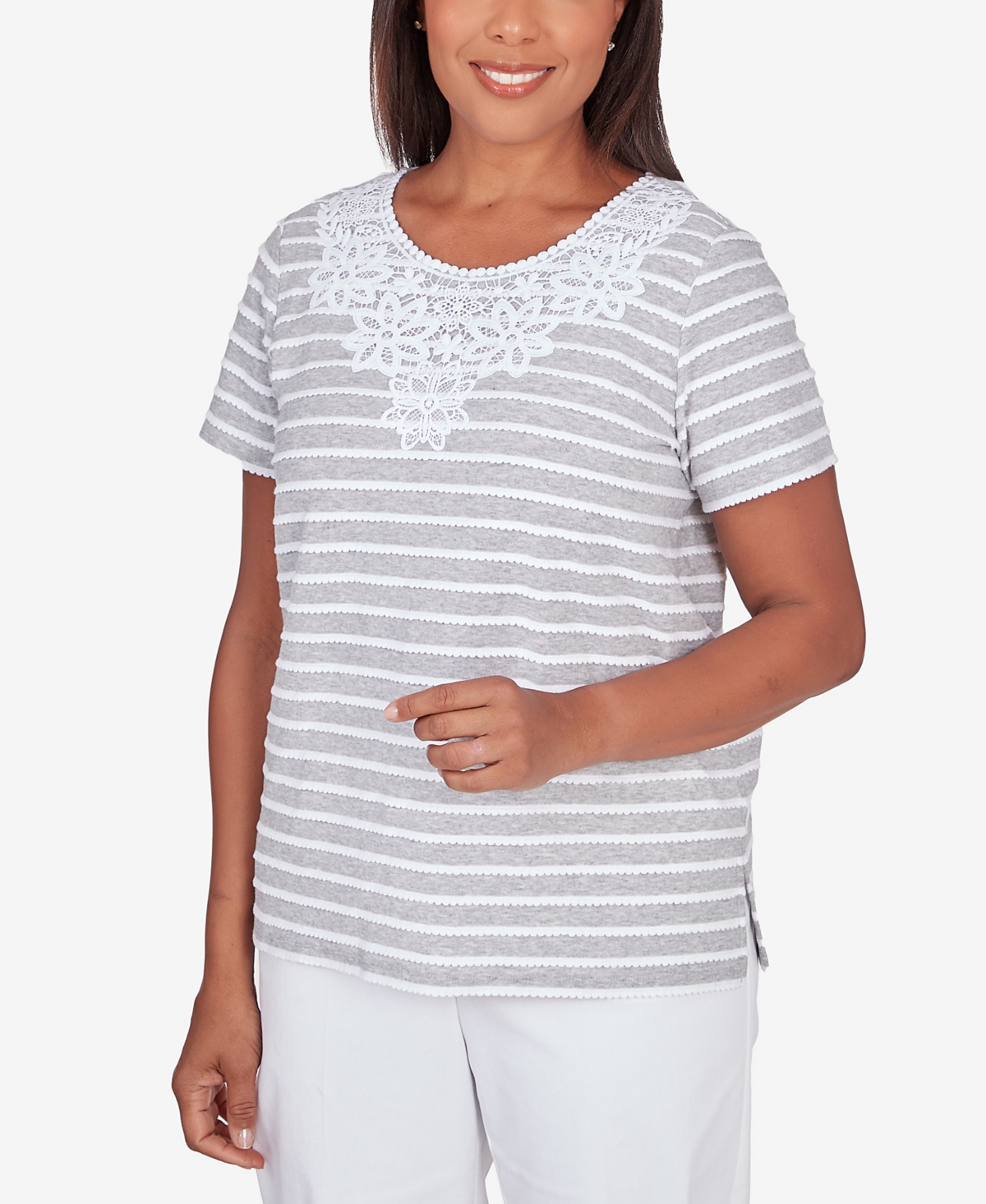 Alfred Dunner Petite Classic Neutrals Lace Neck Striped Split Hem T-shirt