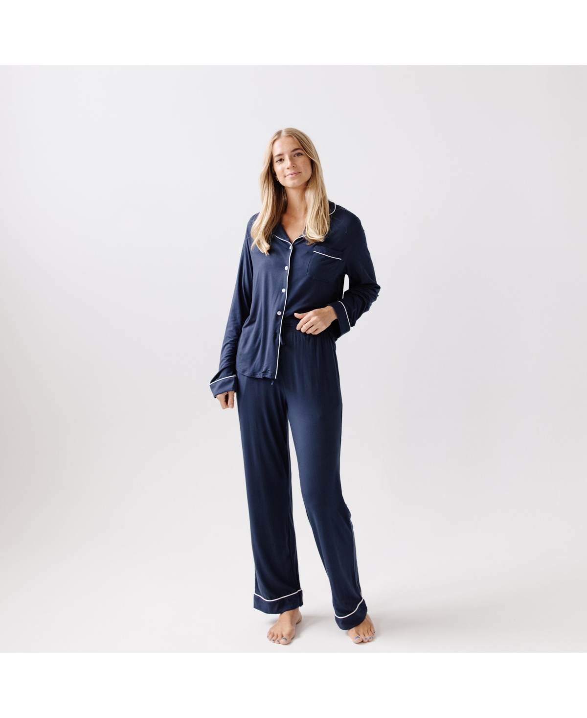 Women's Long Sleeve Stretch-Knit Viscose from Bamboo Pajama Set - Navy