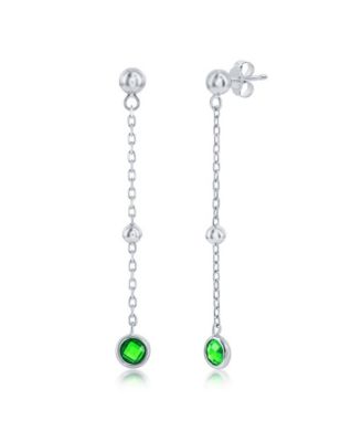 Sterling Silver Bezel-Set CZ Bead Chain Earrings (White, Green, Blue Or Red)