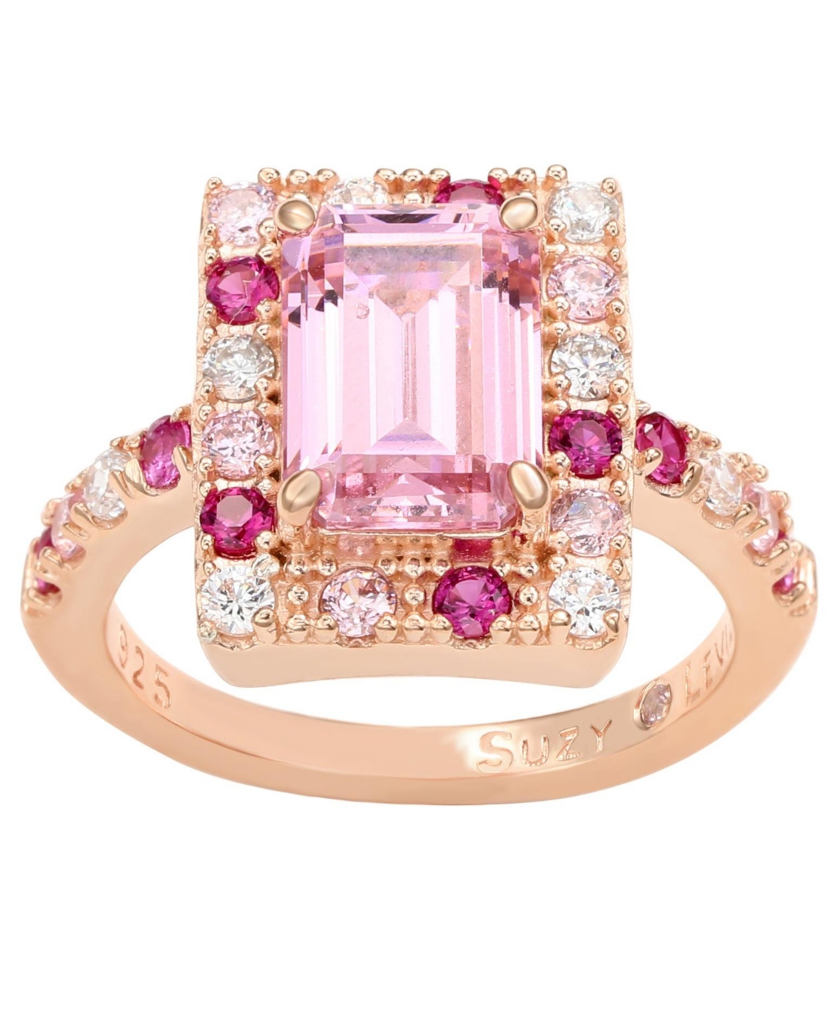 Suzy Levian Rose Sterling Silver Emerald Cut Pink Cubic Zirconia Ring - Pink