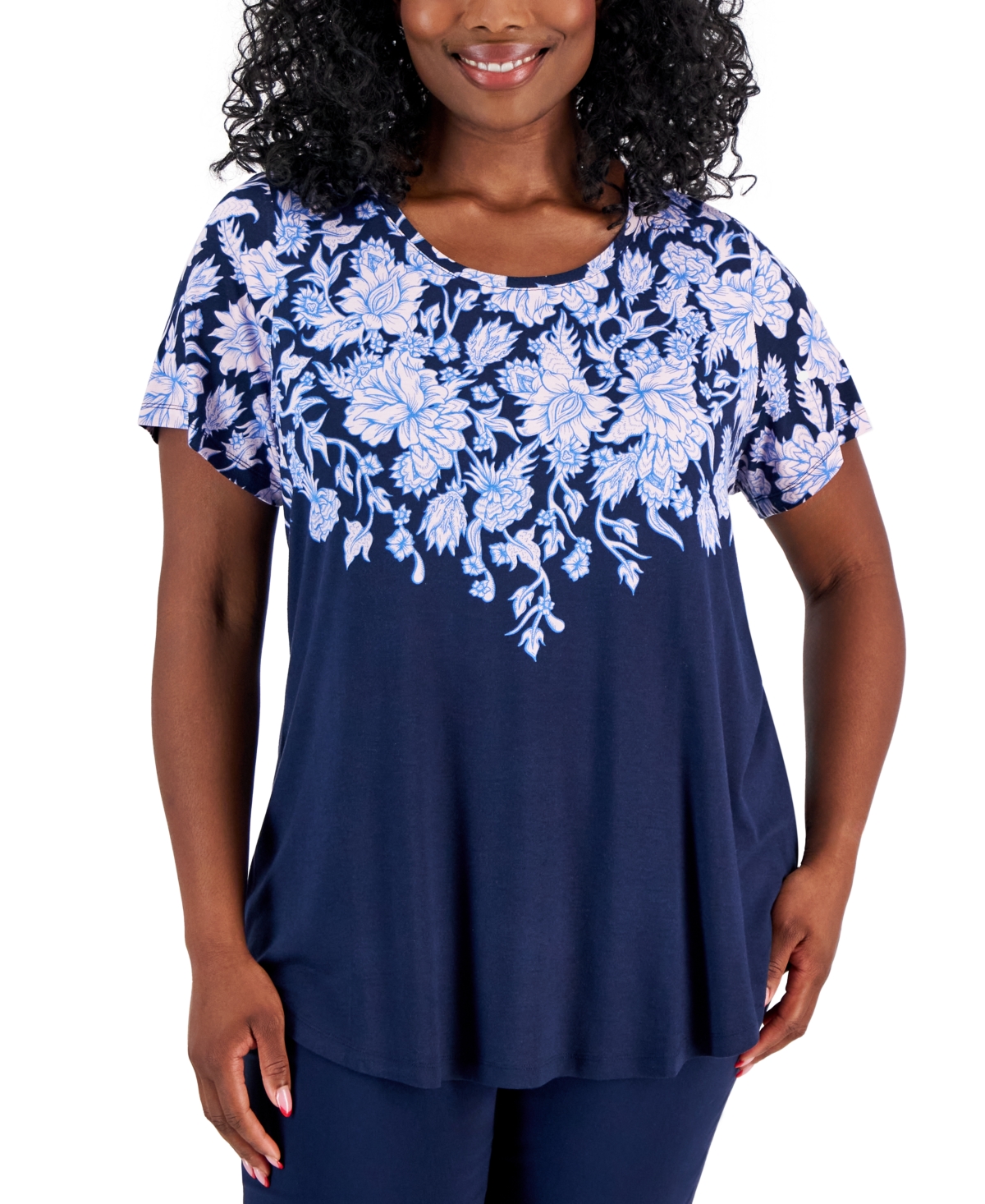 Plus Size Floral-Print Short-Sleeve Top, Created for Macy's - Lilac Sky Combo