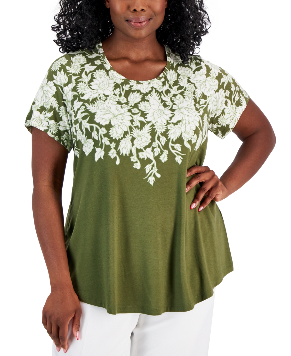 Jm Collection Plus Size Floral-print Short-sleeve Top, Created For Macy's In New Avocado Combo