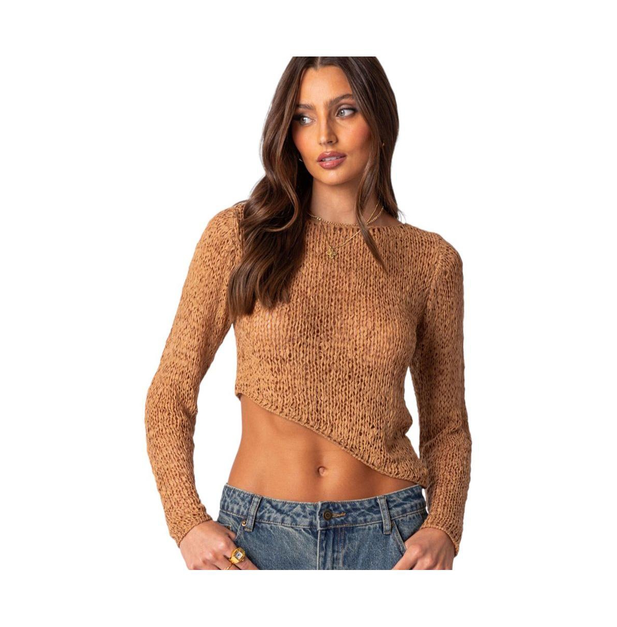 Edikted Asymmetric Loose Knit Sweater In Camel
