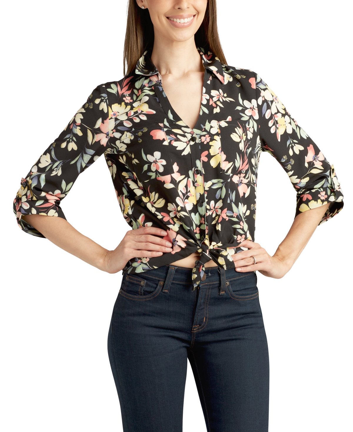 Bcx Juniors' Portifino Floral-print Utility Shirt In Pat A