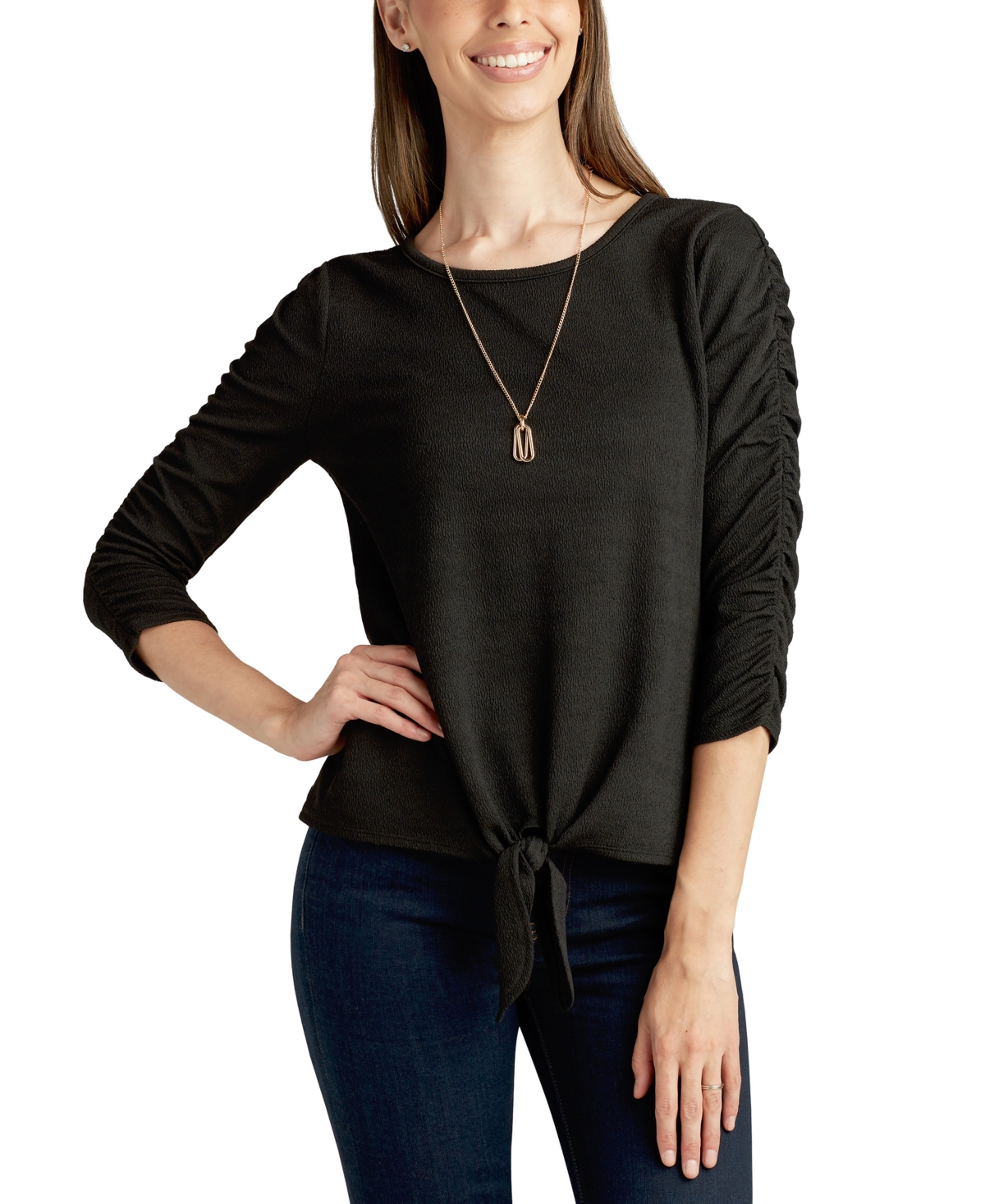 Juniors' Ruched-Sleeve Tie-Front Top - Black