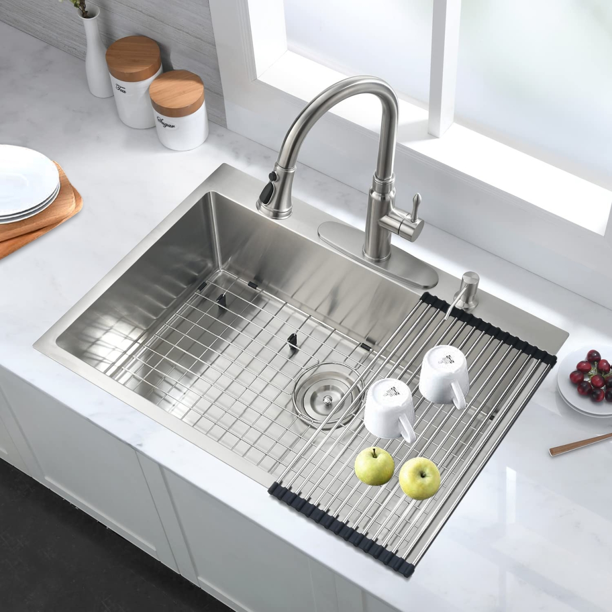 Stainless Steel 30 In 2-Hole Single Bowl Drop-In Kitchen Sink With Bottom Grid And Basket - Silver