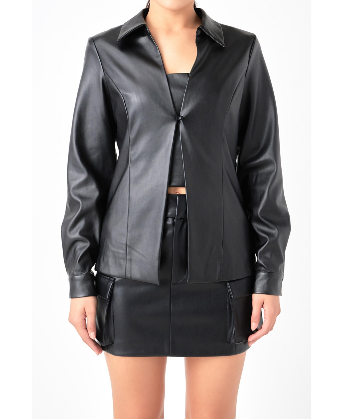Women's Faux Leather Jacket Set - Black