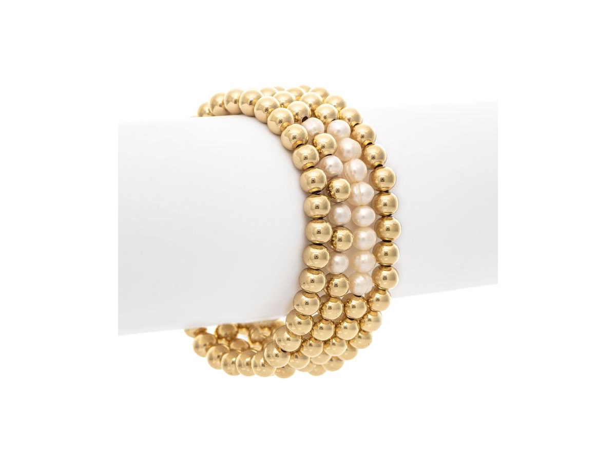 Polished Bead & Pearl Stretch Bracelet Set - Gold with white pearl