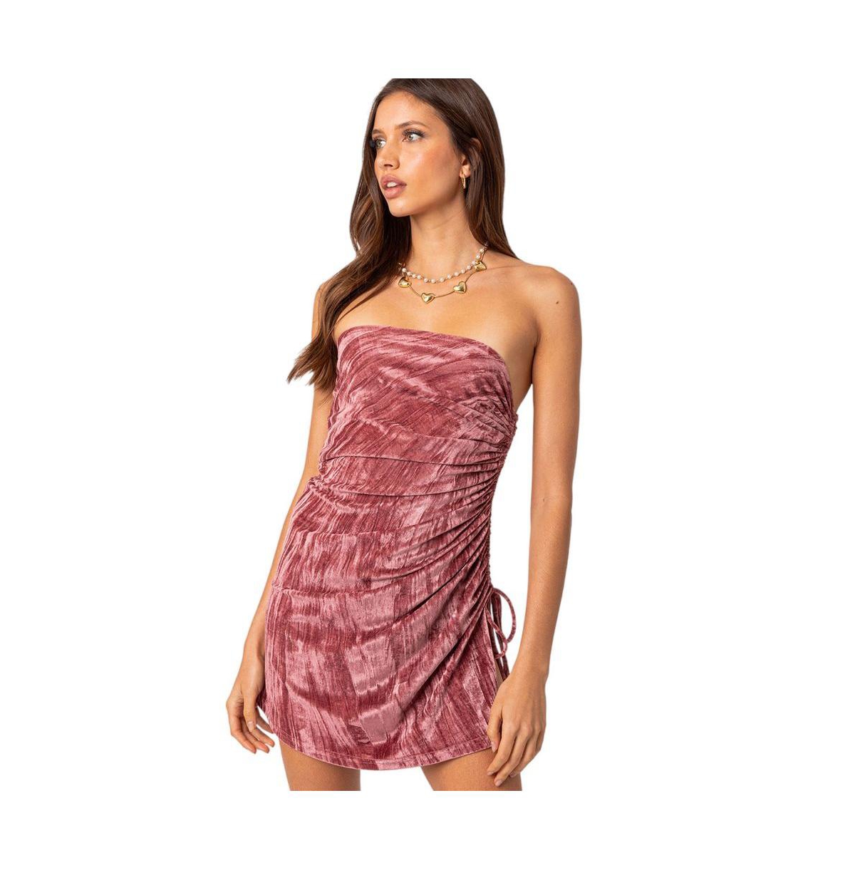 Edikted Drawstring Detail Strapless Crushed Velvet Minidress In Pink