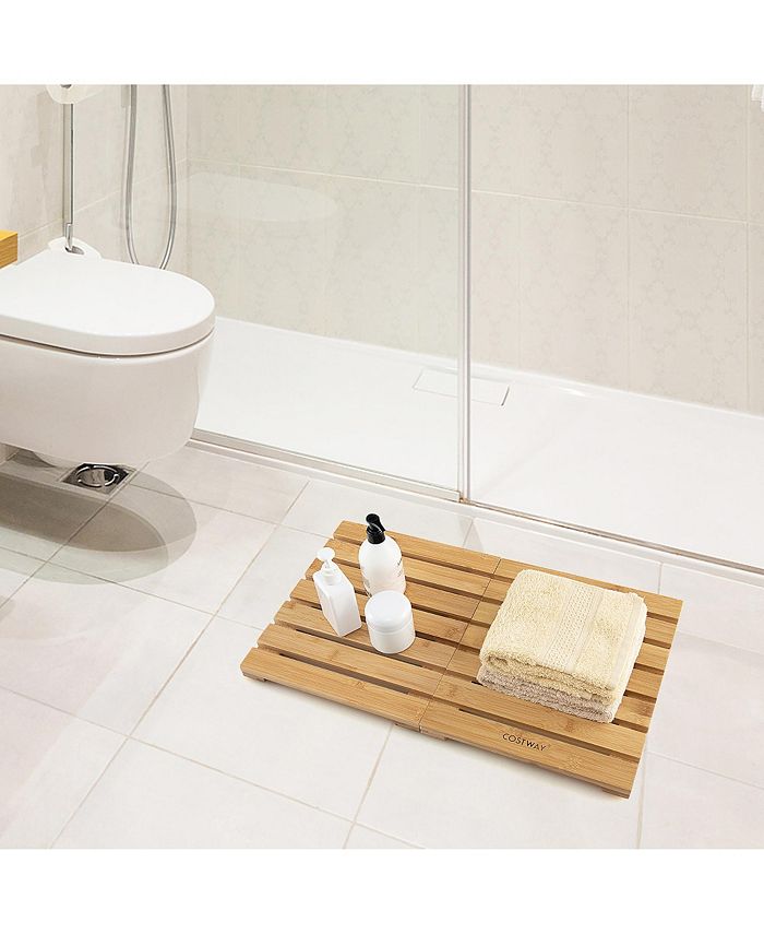 Costway Bamboo Bath Mat Foldable Shower Mat w/ Nonslip Pads & Slatted
