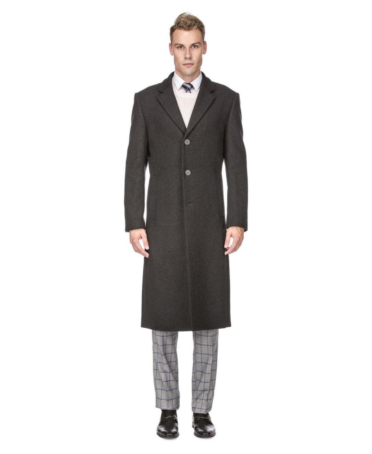Men's Knee Length Wool Blend Three Button Long Jacket Overcoat Top Coat - Charcoal