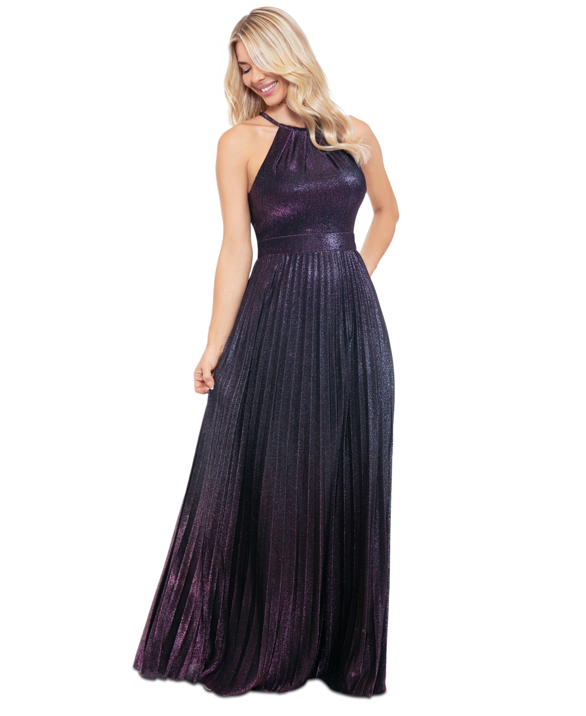 Betsy & Adam Petite Metallic Halter Pleated Gown In Navy Silver