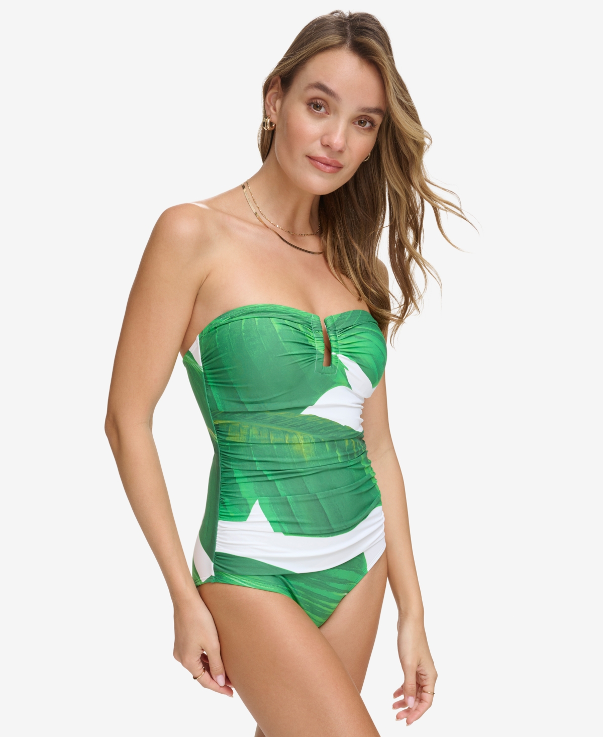 Dkny Women's Shirred One-piece Swimsuit In Soft White Multi (photo Real Palm Print)