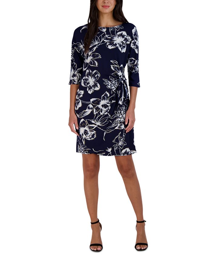 Robbie Bee Petite Floral Side-Tie 3/4-Sleeve Dress - Macy's