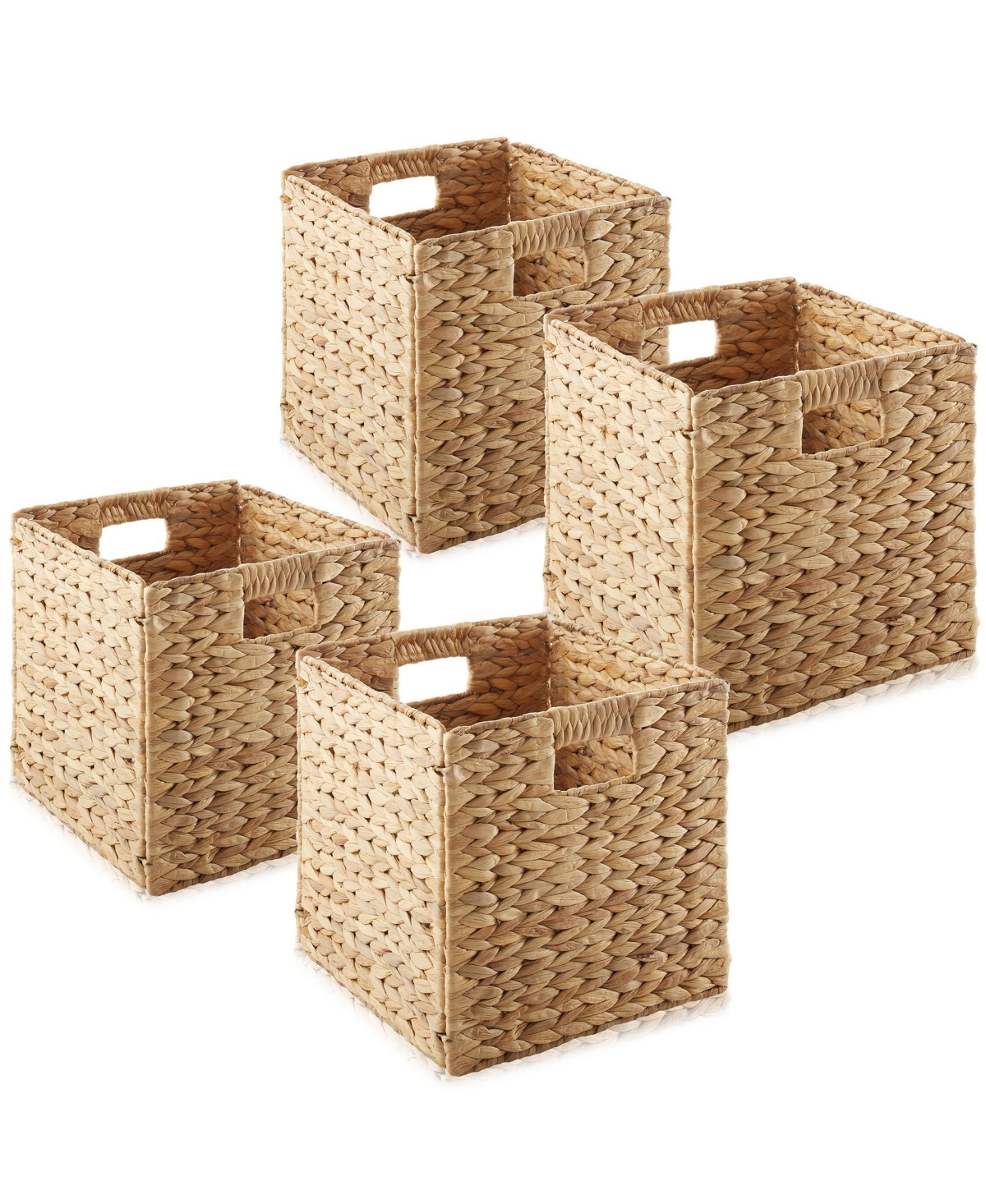 10.5" x 10.5" Water Hyacinth Storage Baskets, Natural - Set of 4 Collapsible Cube Organizers, Woven Bins for Bathroom, Bedroom, Laundry, Pan