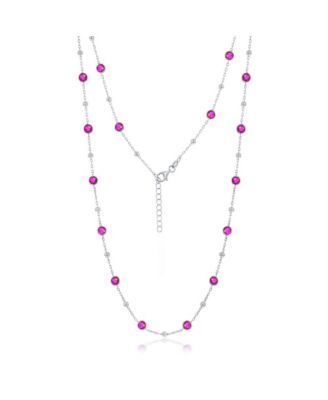 Sterling Silver Bezel-Set CZ & Bead Station Necklace (White, Green, Blue, Or Red)