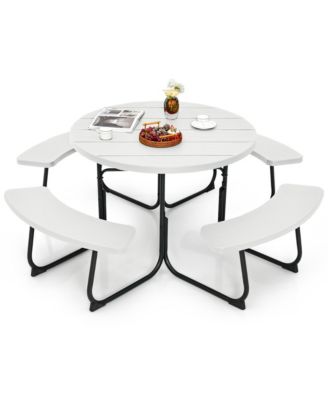 Outdoor 8-person Round Picnic Table Bench Set with 4 Benches & Umbrella Hole
