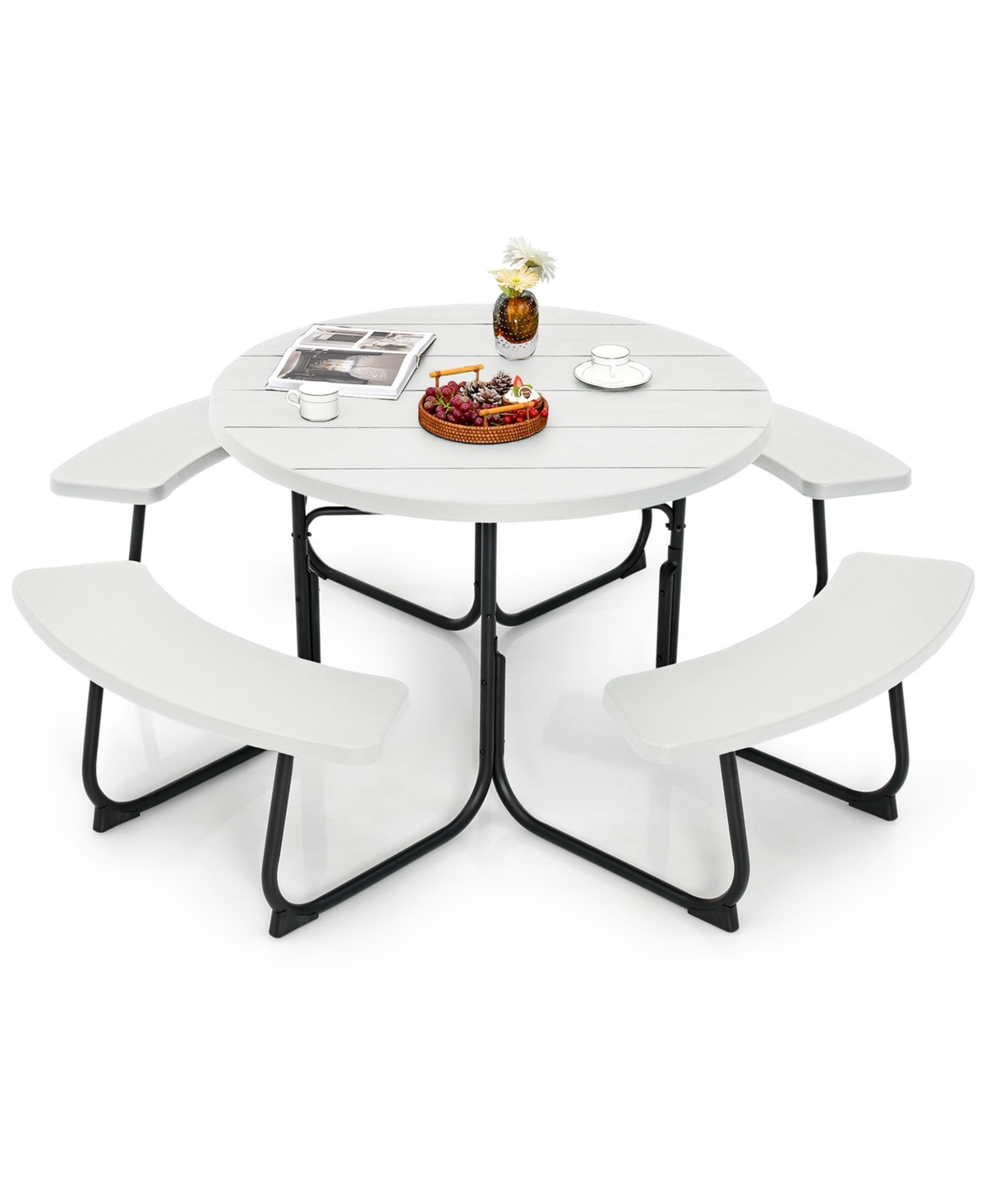 Outdoor 8-person Round Picnic Table Bench Set with 4 Benches & Umbrella Hole