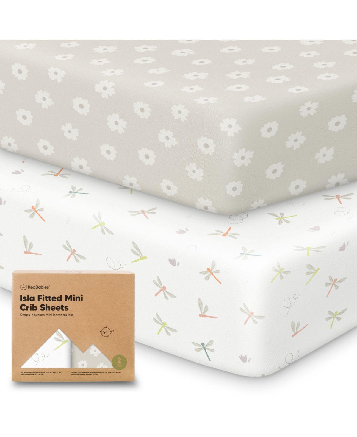 KeaBabies 2-Pack Mini Crib Sheets, Pack and Play Sheets Fitted, Pack N Play Sheets, Organic Fitted Crib Sheet Cover - Meadow