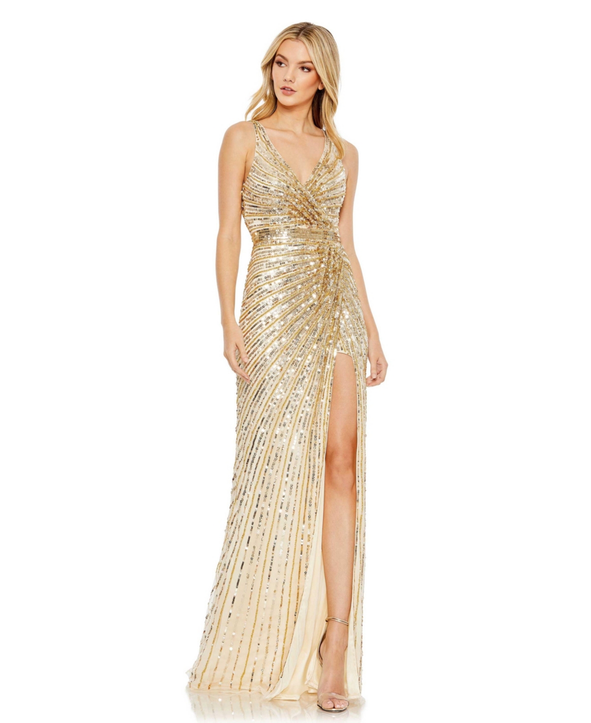 MAC DUGGAL WOMEN'S SEQUINED FAUX WRAP SLEEVELESS GOWN