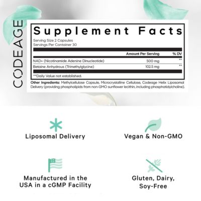 Liposomal NAD+ Supplement - NAD Nicotinamide Adenine Dinucleotide Coenzyme Pills - 500 mg NAD+ Per Serving & Betaine Anhydrous, 60 Capsules
