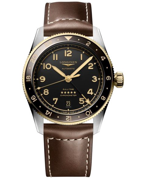 Мужские часы Longines Swiss Automatic Spirit Zulu Time Brown Leather Strap Watch 39mm