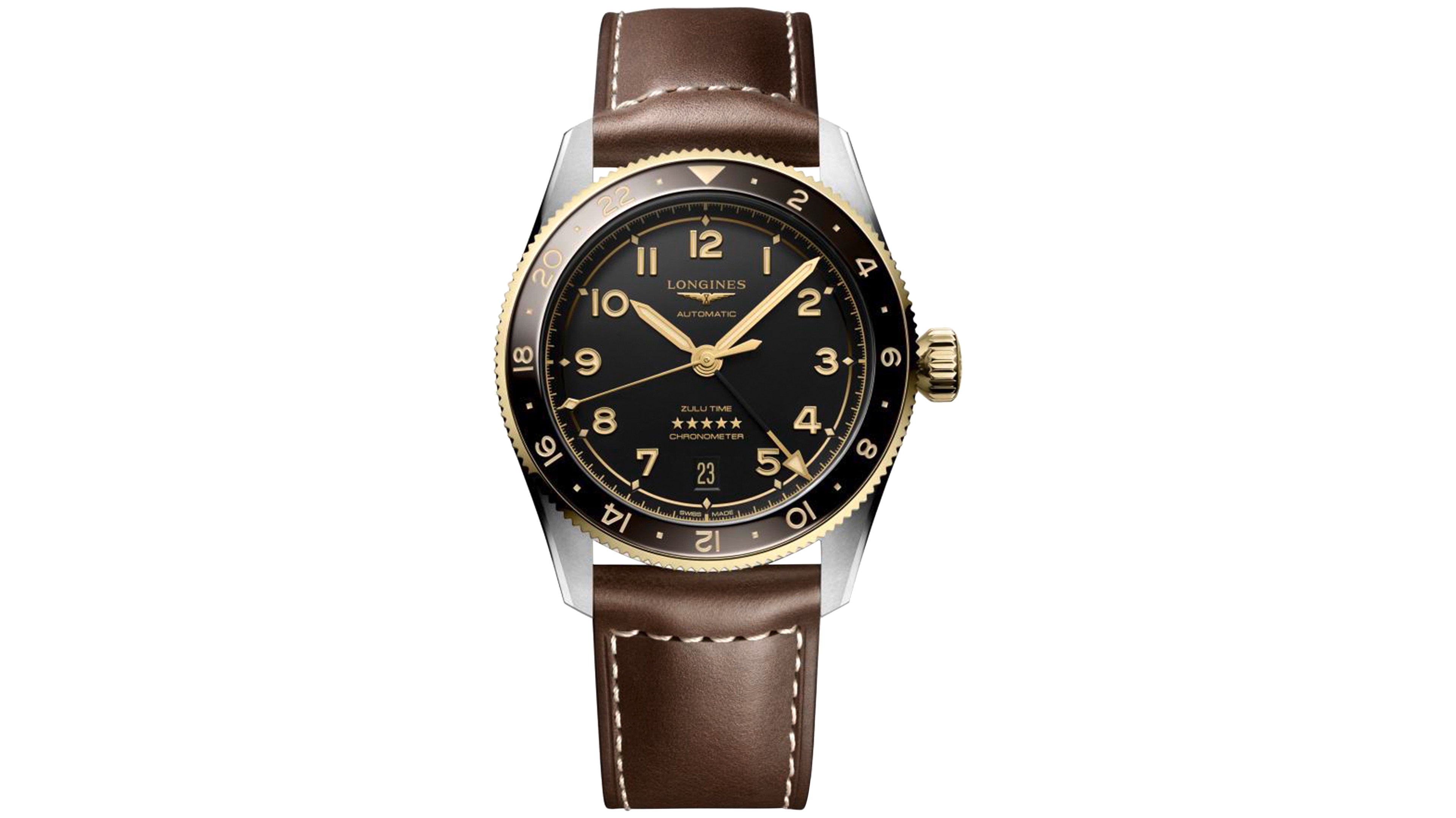 Longines Men's Swiss Automatic Spirit Zulu Time Brown Leather Strap Watch 39mm