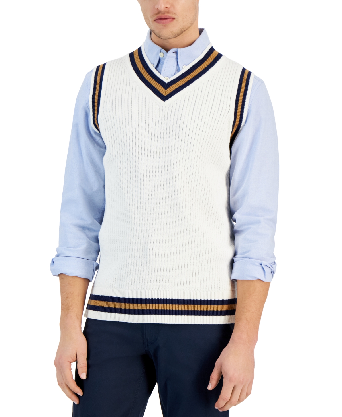 Men's Spliced V-Neck Striped-Trim Sweater Vest, Created for Macy's - Winter Ivory
