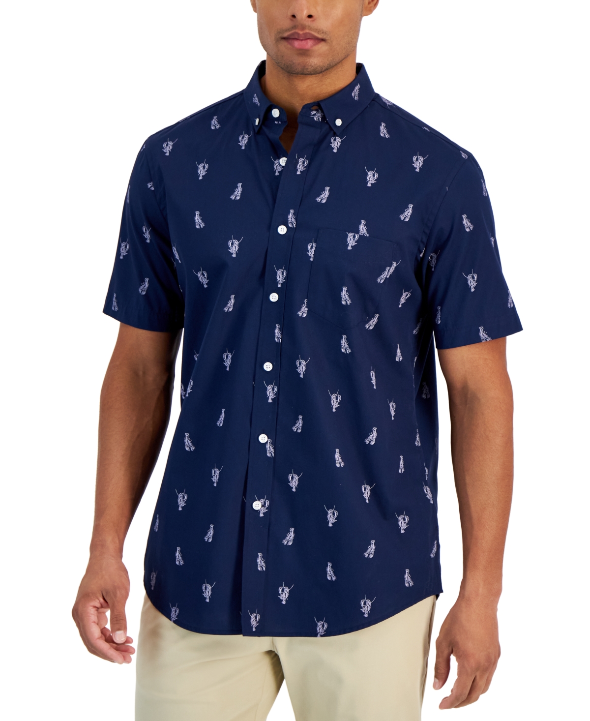Men's Lobster-Print Poplin Shirt, Created for Macy's - Navy Blue