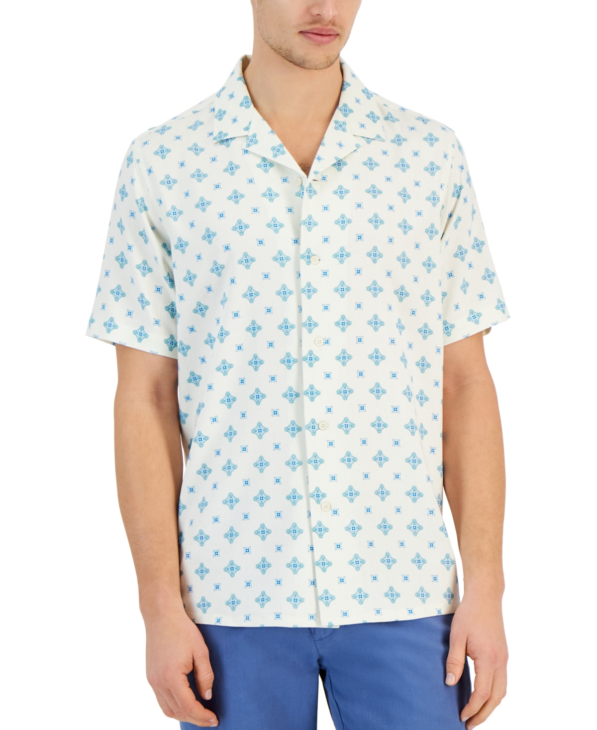 Men's Urman Regular-Fit Medallion-Print Button-Down Camp Shirt, Created for Macy's - Winter Ivory