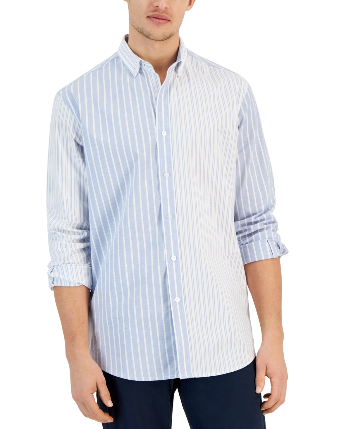 Men's Mixed Stripe Long Sleeve Button-Down Oxford Shirt, Created for Macy's - Lupine Blue