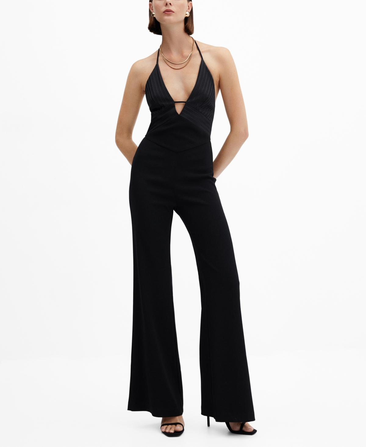 Mango Halter Neck Flare Leg Jumpsuit In Black