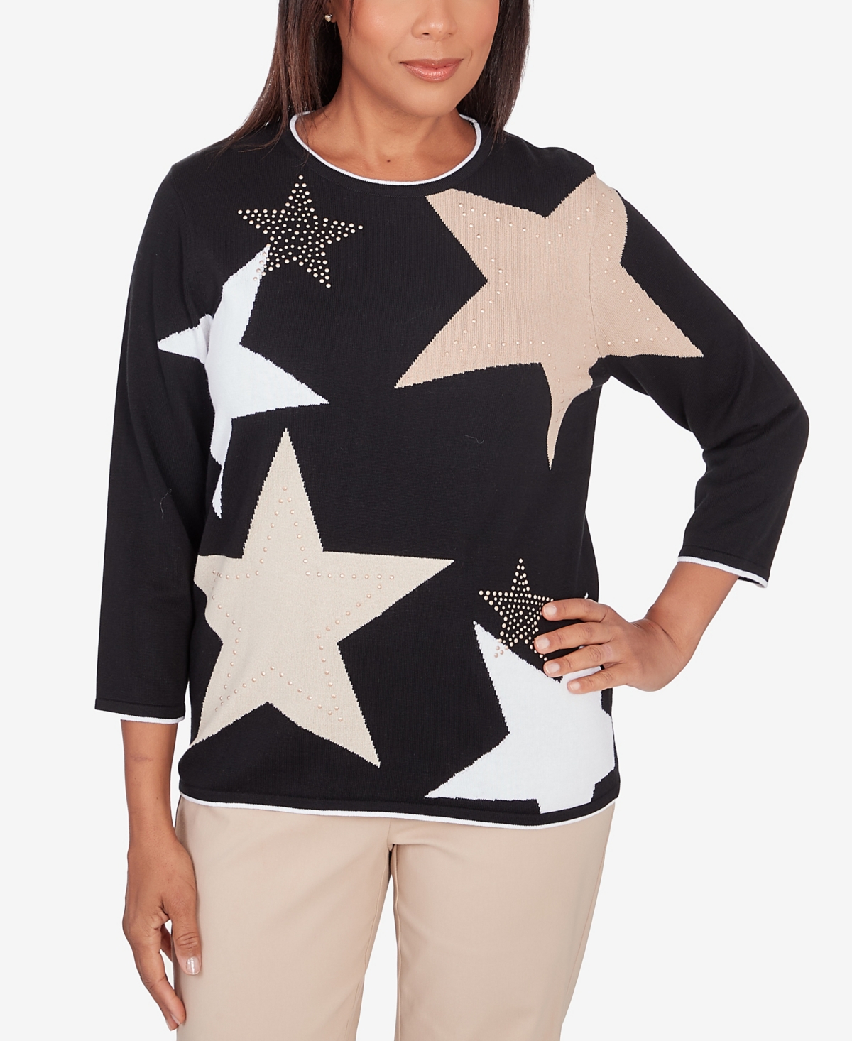 Shop Alfred Dunner Petite Neutral Territory Star Patch Crew Neck Sweater In Black
