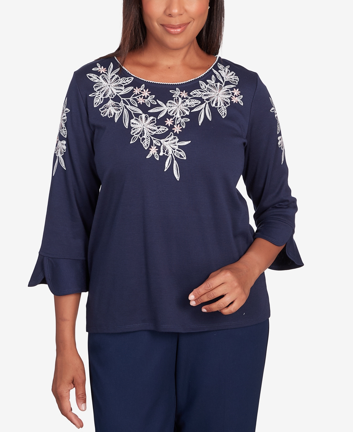 ALFRED DUNNER PETITE A FRESH START EMBROIDERED FLOWERS FLUTTER SLEEVE TOP