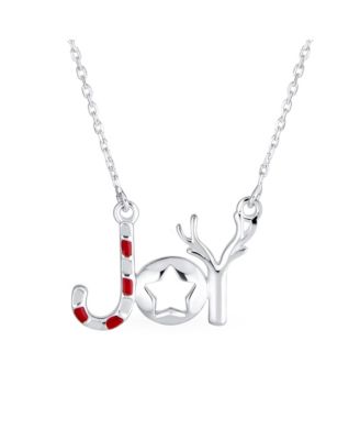 Winter Holiday Stripe Red Green Enamel Peppermint Candy Cane Star Christmas Word JOY Necklace Sterling Silver