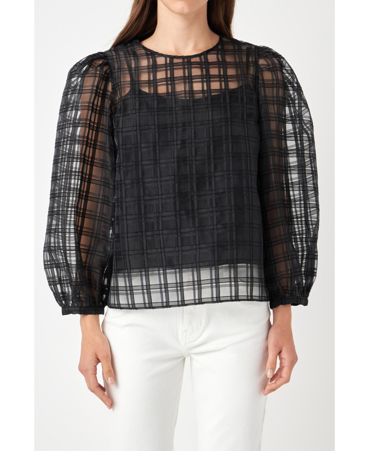 Women's Plaid Organza Long Sleeve Top