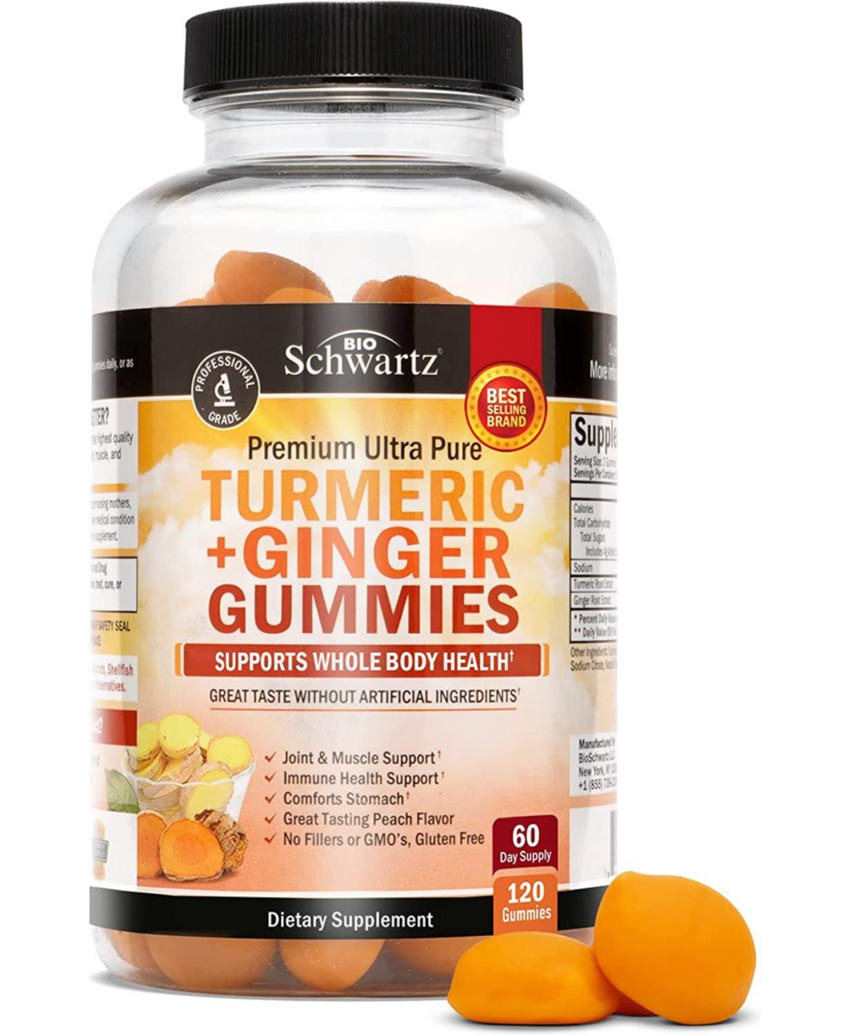 Turmeric Curcumin Ginger Gummies - High Absorption - Peach Flavor, 60ct