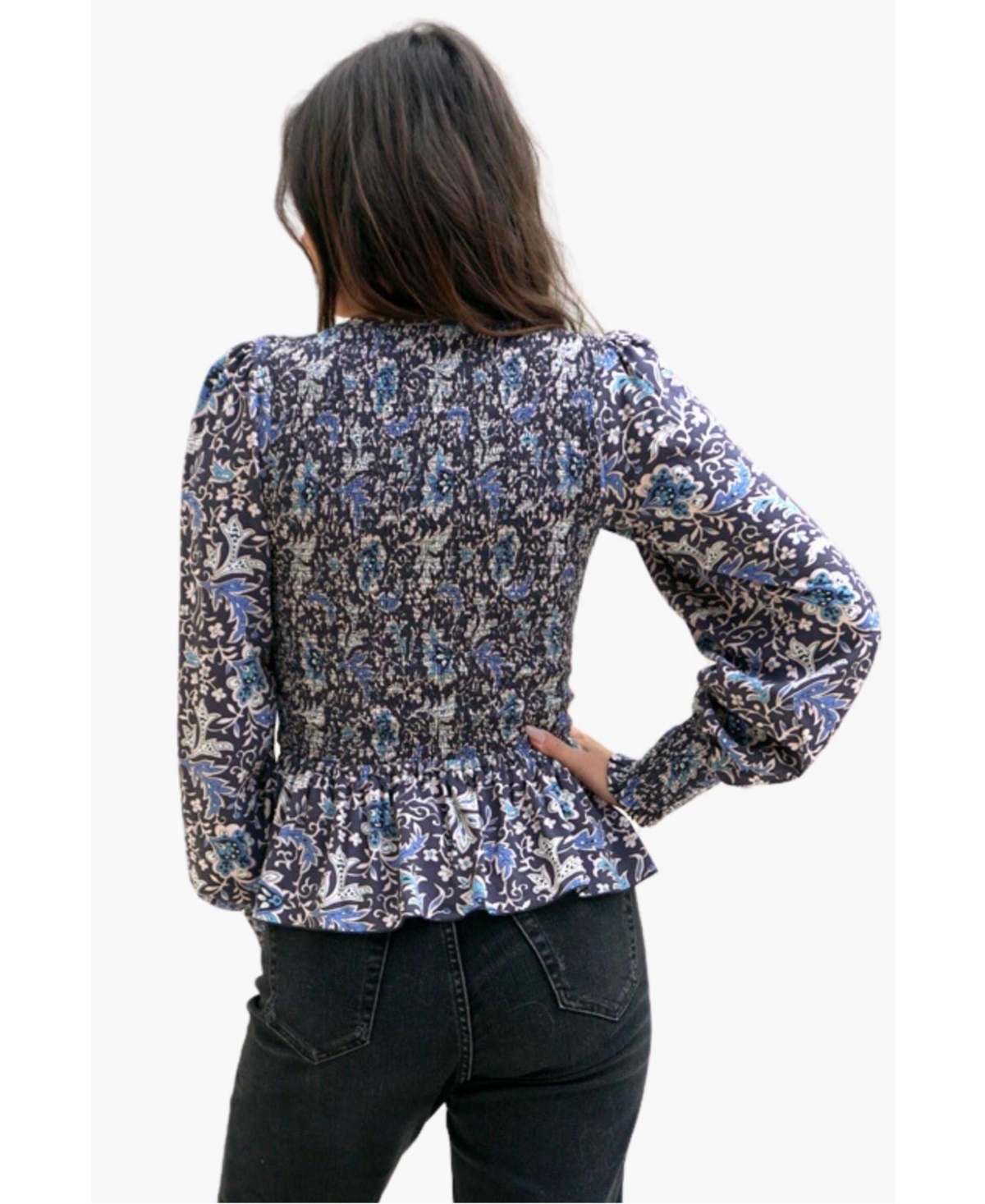 Paneros Clothing Women's Long Sleeve Smock Stella Top - Navy floral print