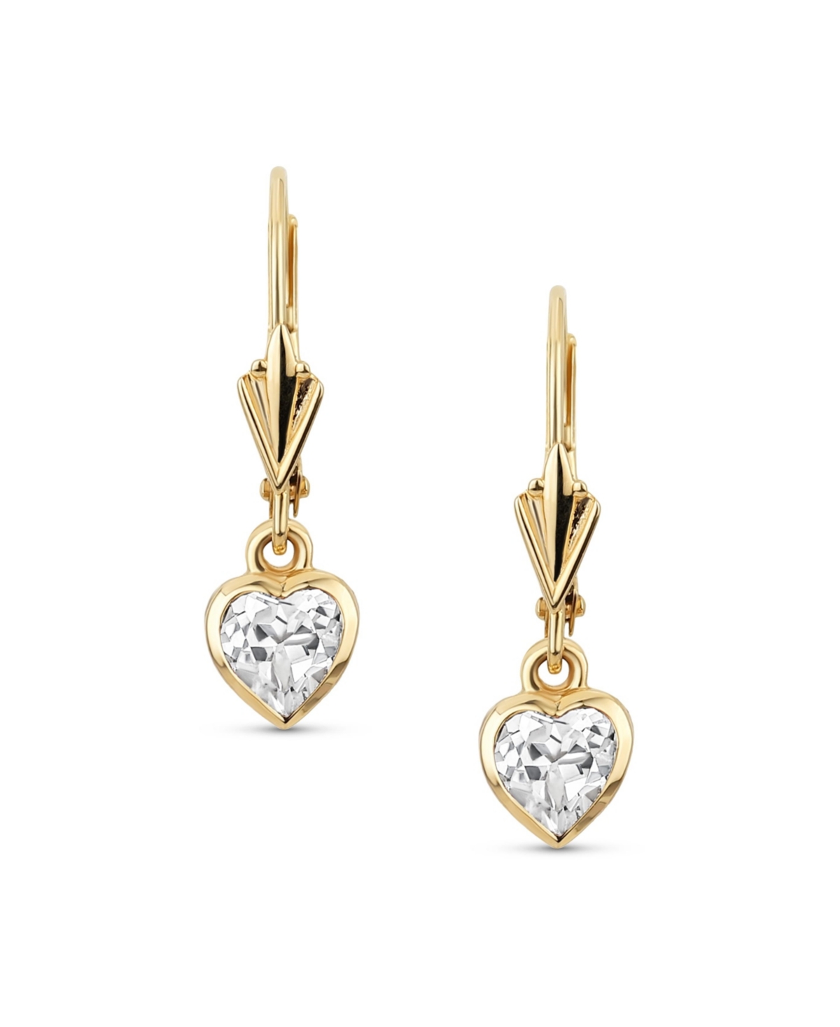 Petite Delicate Romantic Real 14K Yellow Gold Cz Bezel Set Genuine Gemstone Created White Sapphire Heart Dangle Earrings For Women Girlfriend Lever Ba
